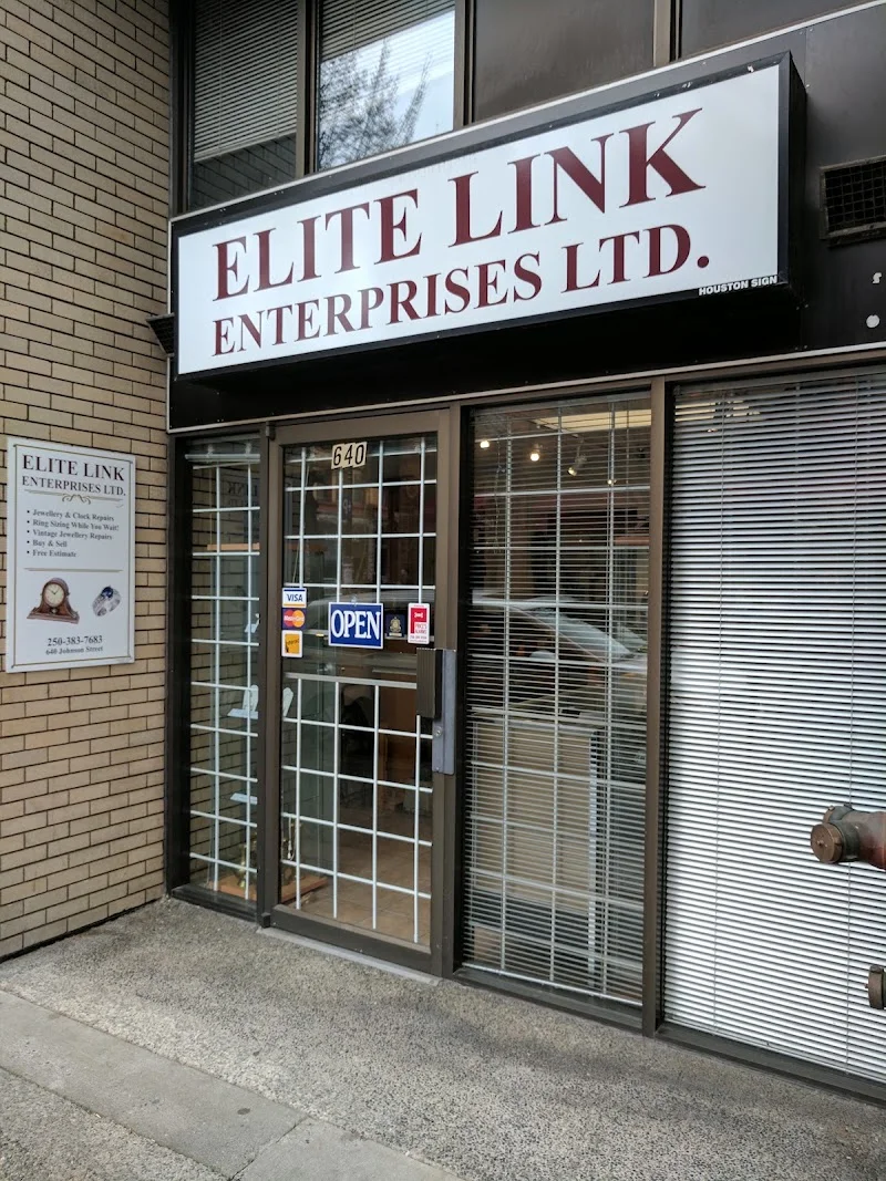Elite Link Enterprises jewelry shop interior with display cases and workbench